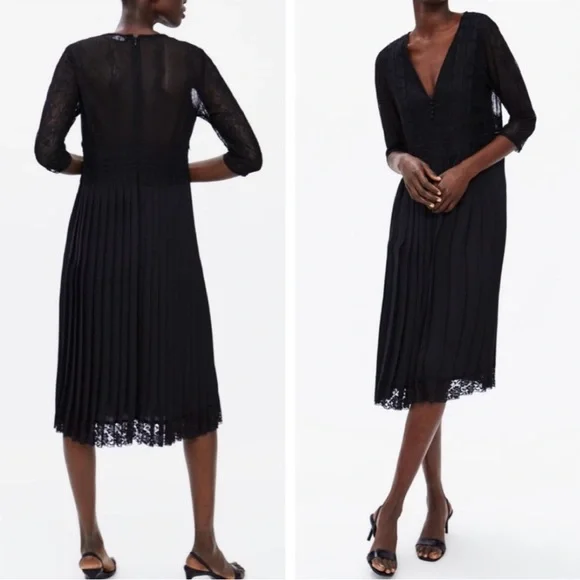 Zara Black Pleated Lace Midi Dress - Picture 4 of 8